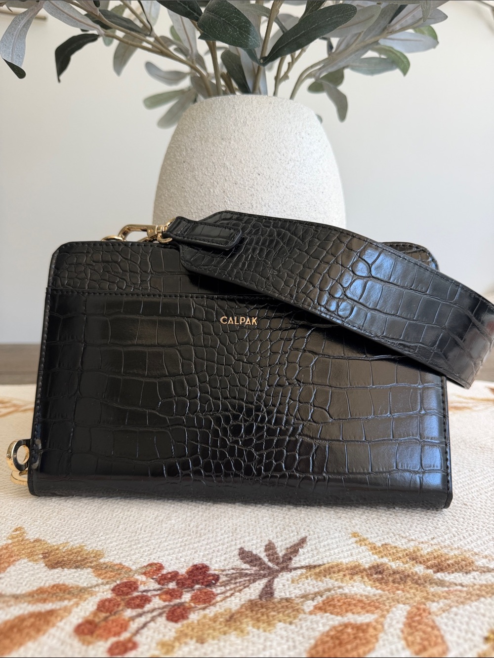 Calpak Black Croc-Embossed Wide Strap Crossbody Wallet
